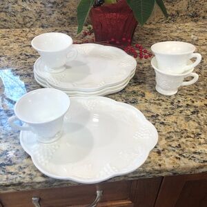 Vintage Milk Glass Colony Harvest Grapes Snack Plate & Cup Sets, Set of 4.